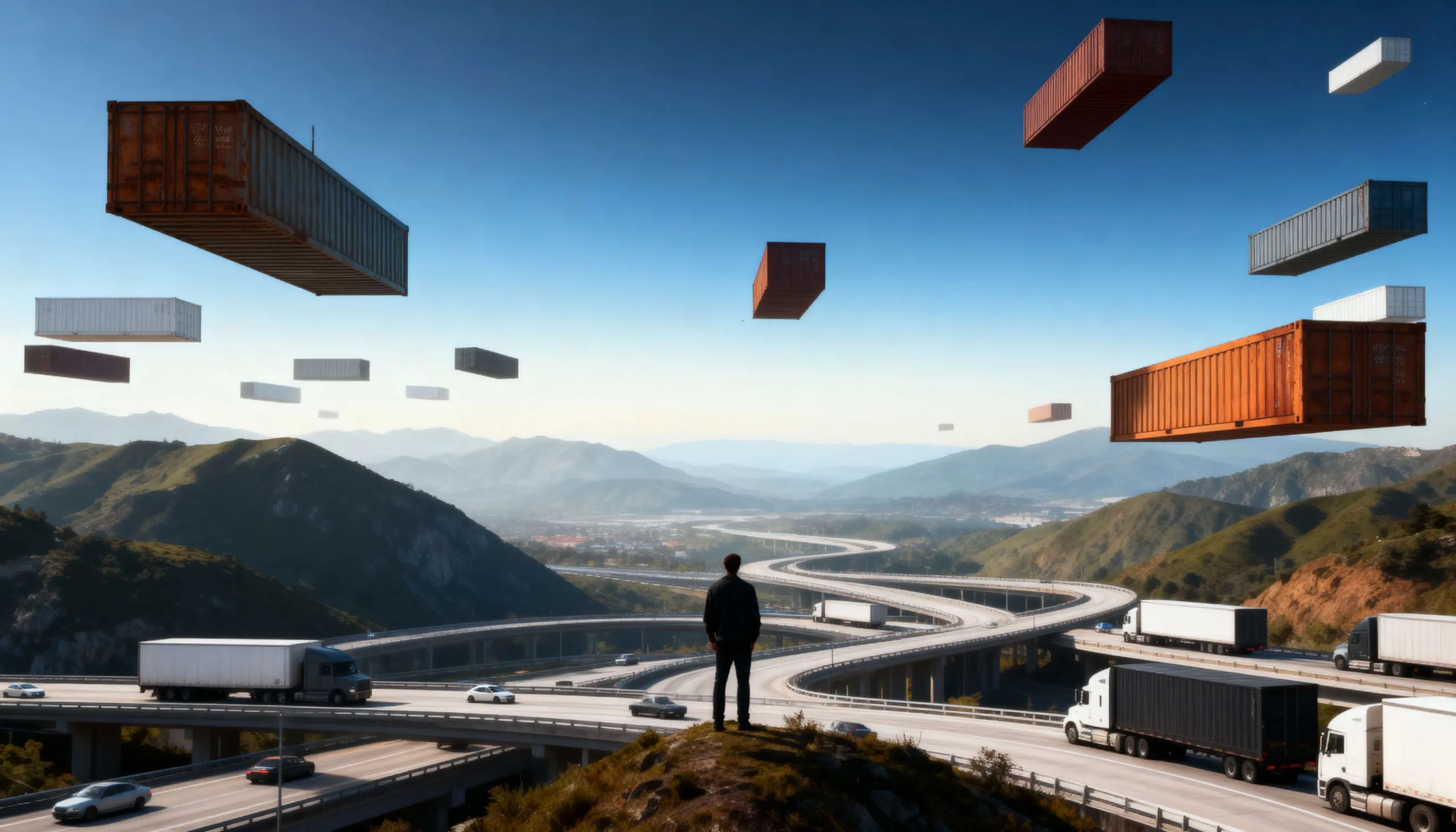 Hombre observando una red de autopistas con camiones y contenedores flotantes, simbolizando la optimización de rutas logísticas con tecnología avanzada.
