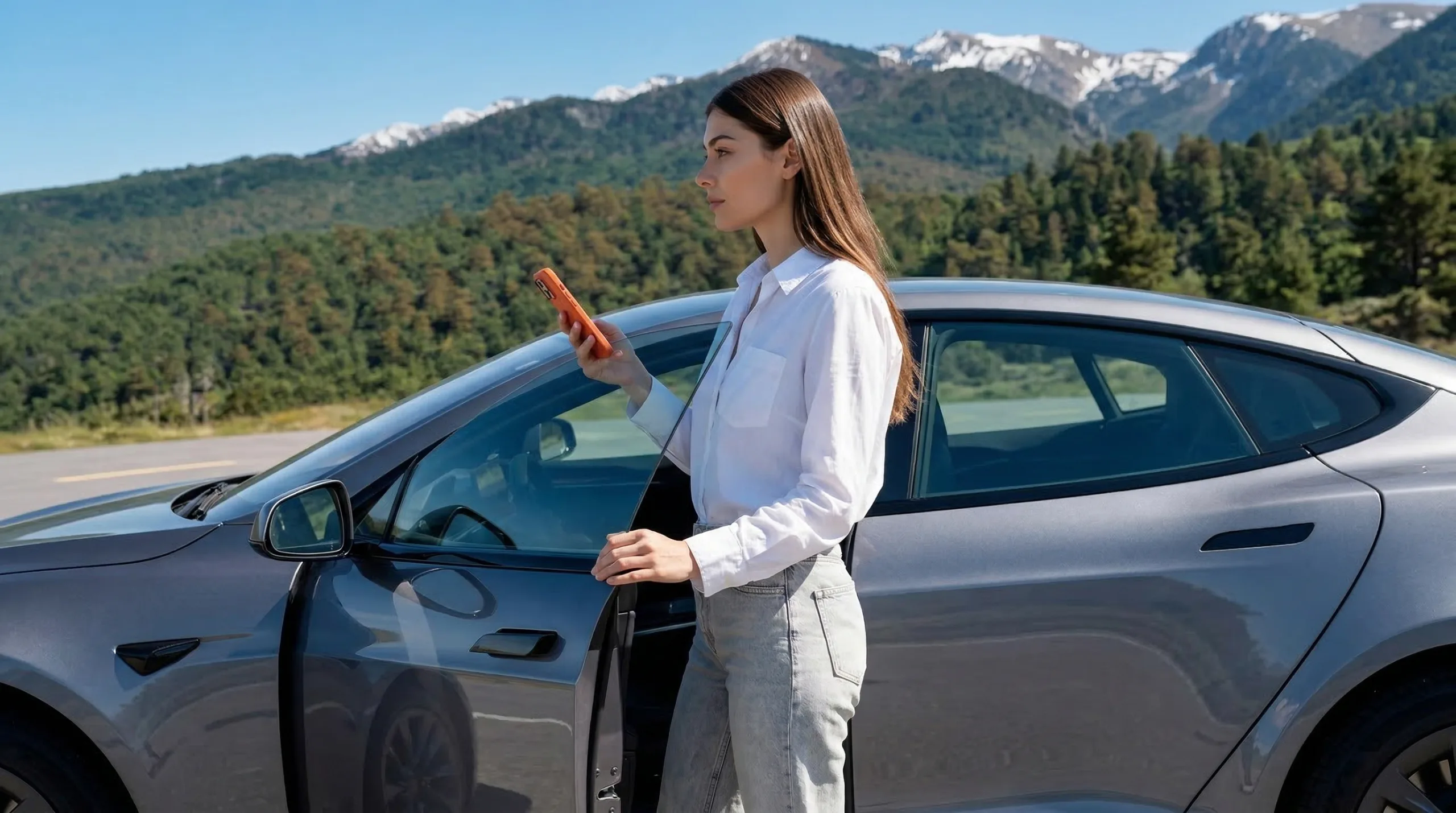 Woman in a white shirt standing by a grey Tesla with the door open while looking at her phone outdoors.