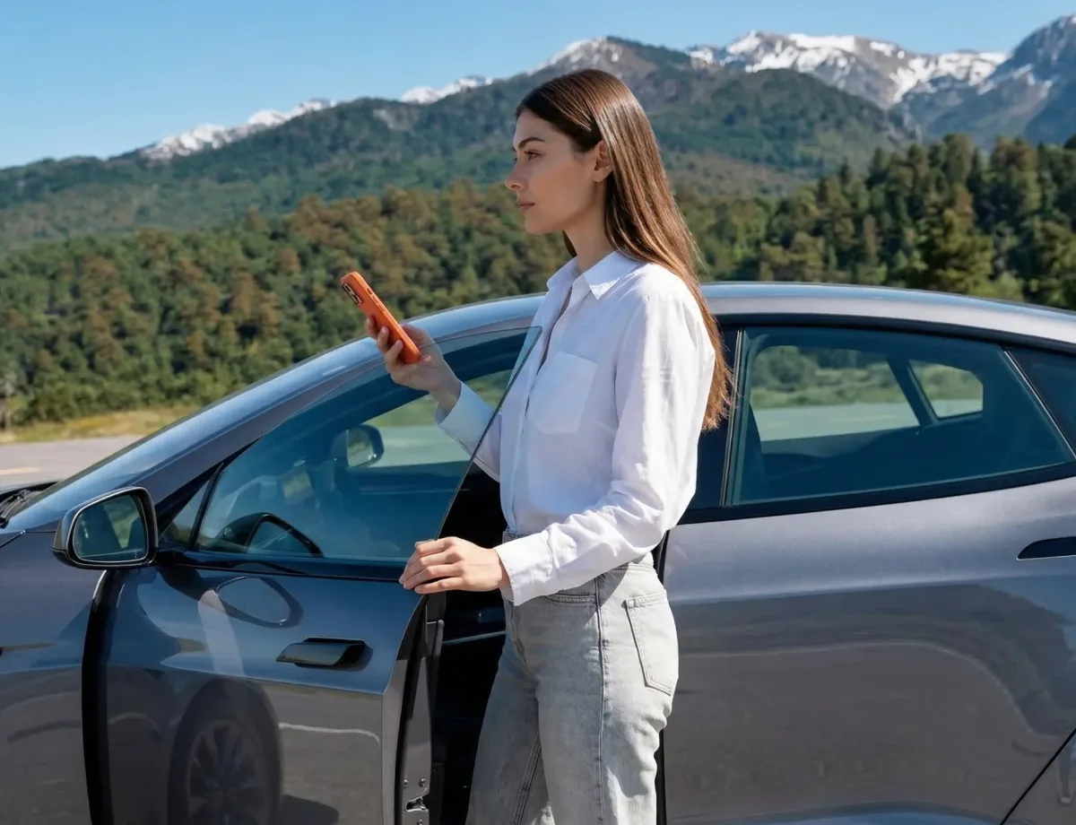 Woman in a white shirt standing by a grey Tesla with the door open while looking at her phone outdoors.